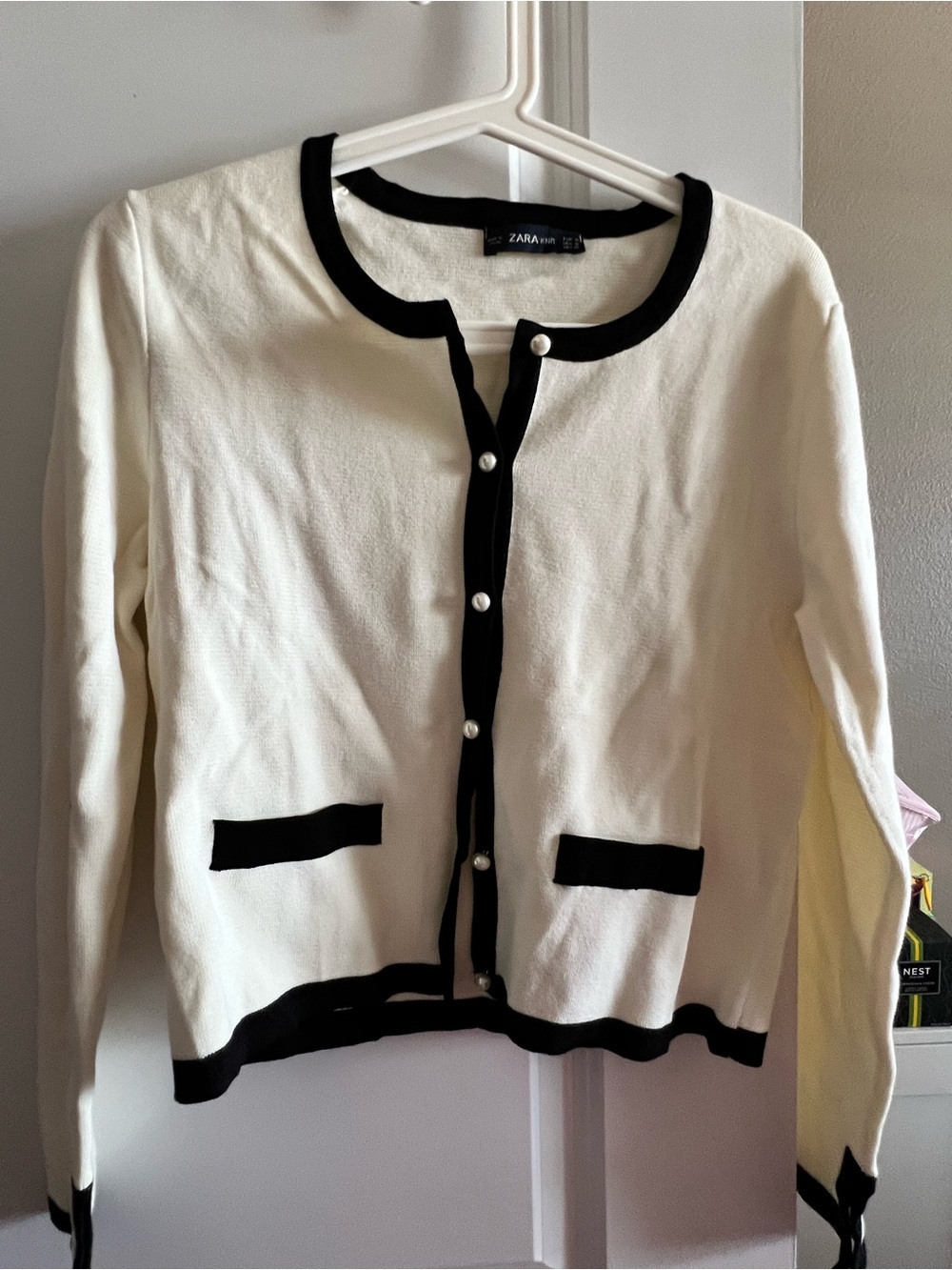 Zara Cream Cardigan with Black Trim and Pearl Buttons